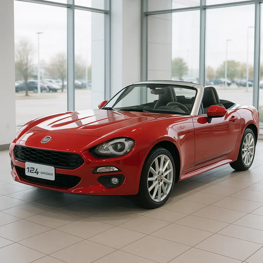 Fiat 124 Spider rossa usata esposta in showroom luminoso